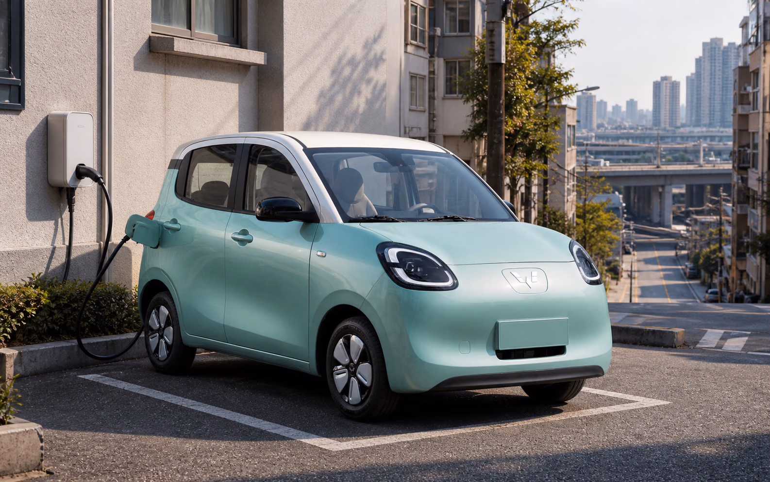 Четырёхдверный Wuling Hongguang Mini EV на городской зарядке
