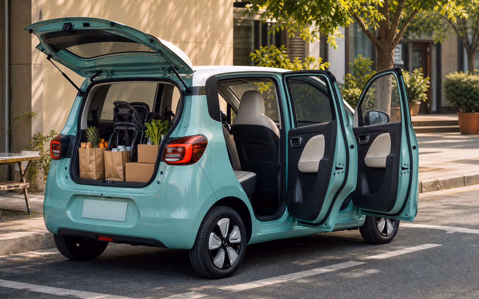 Четырёхдверный Wuling Hongguang Mini EV с покупками и сложенной коляской