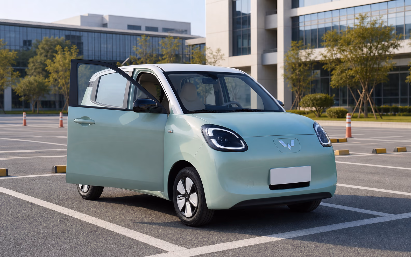 Wuling Hongguang Mini EV как первый автомобиль на парковочной площадке
